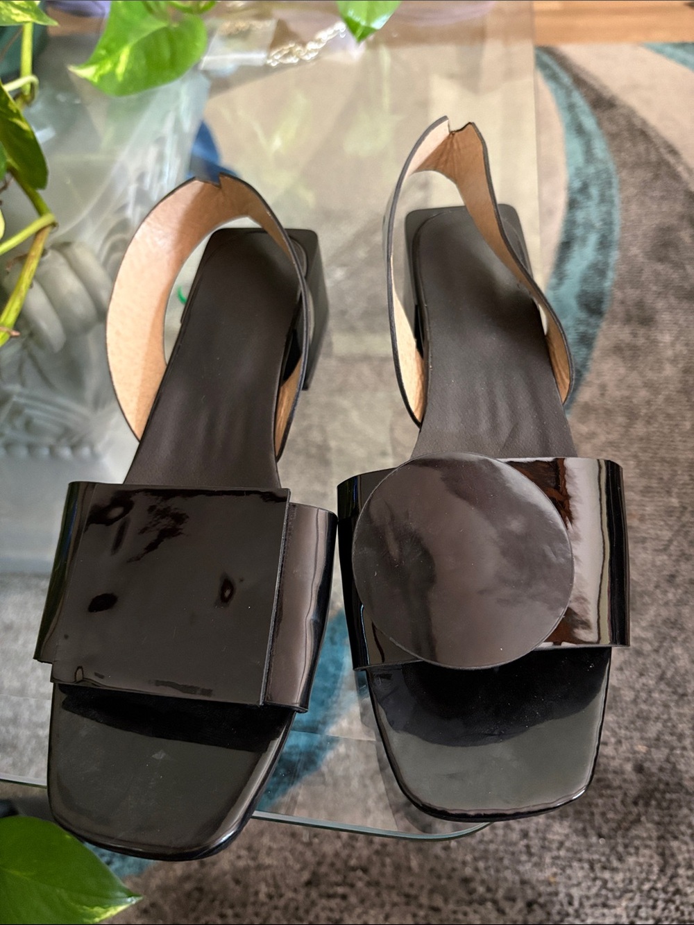 Women's Black Patent Slingback Sandals - Contemporary Square Toe